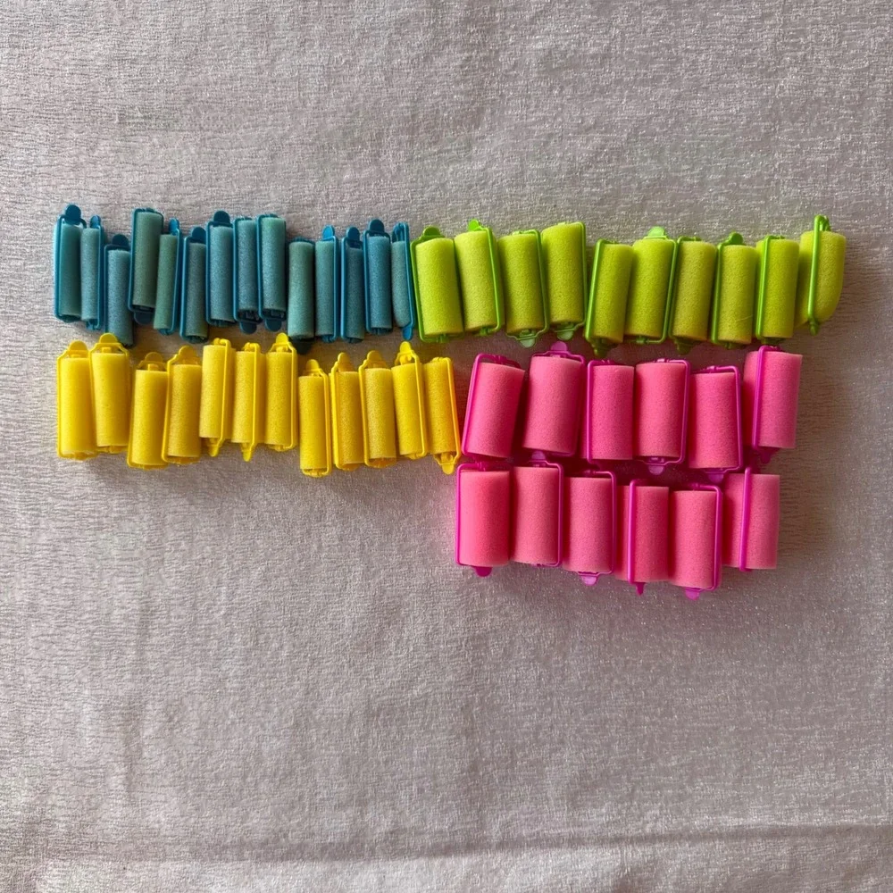 48pc Foam Sponge Hair Roller Set Pink Green Yellow Blue Curlers w/ Storage Bag